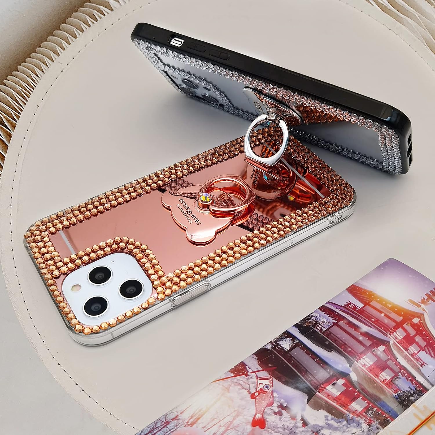 LUVI Compatible with iPhone 13 Pro Max Mirror Case Cute for Women Girls Bling Glitter Diamond Rhinestone with Ring Holder Loopy Finger Grip Kickstand Stand Cover Luxury Fashion Phone Case Rose Gold