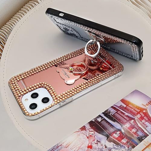Miniatura 5 de LUVI Compatible con iPhone 15 Pro Max Mirror Bling Case con anillo, bonito soporte de diamantes de imitación con purpurina, agarre de dedo con
