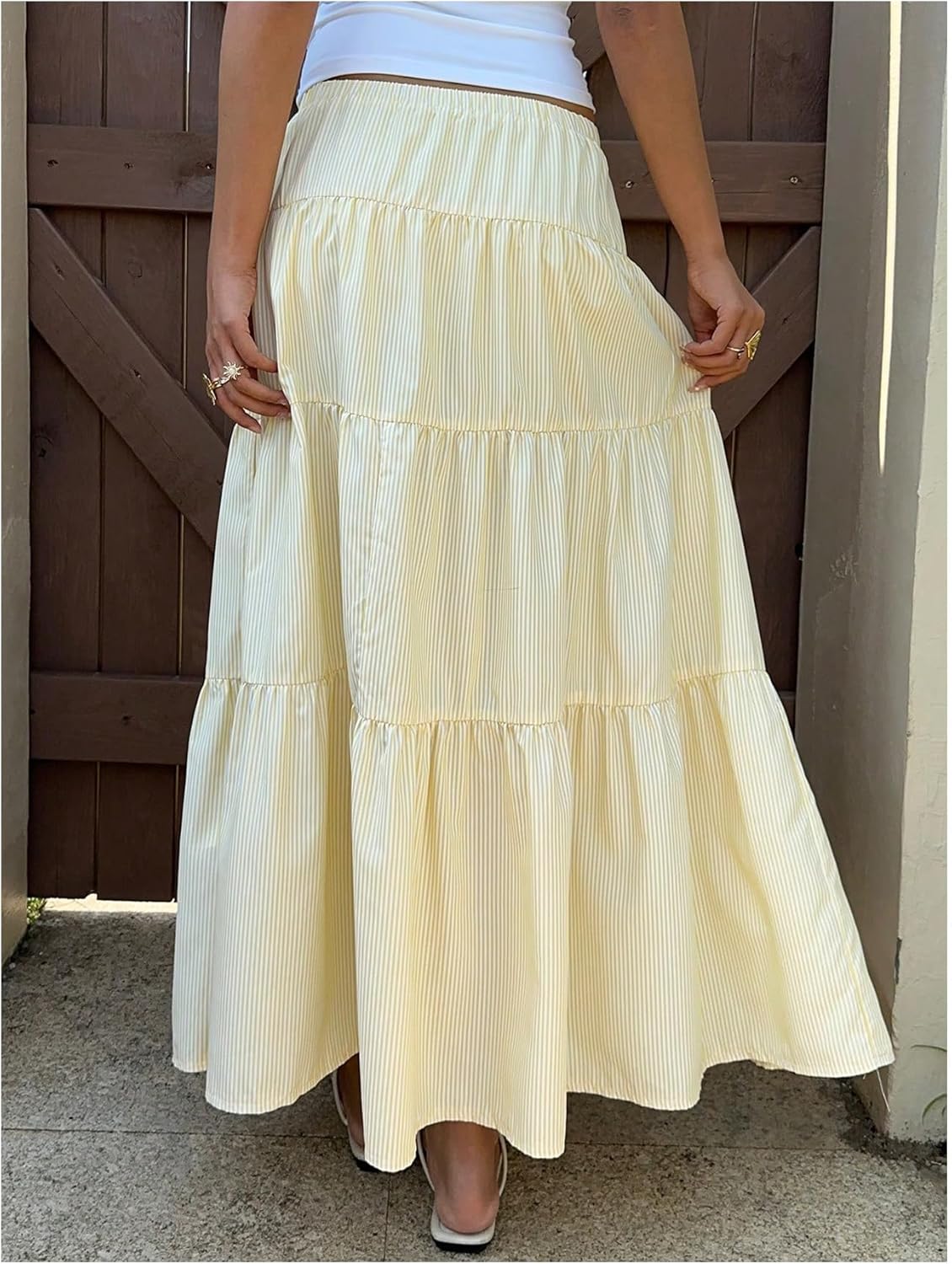 Milumia Women's Striped Tiered Maxi Skirt Layered A Line Flowy Long Skirts - Image 3