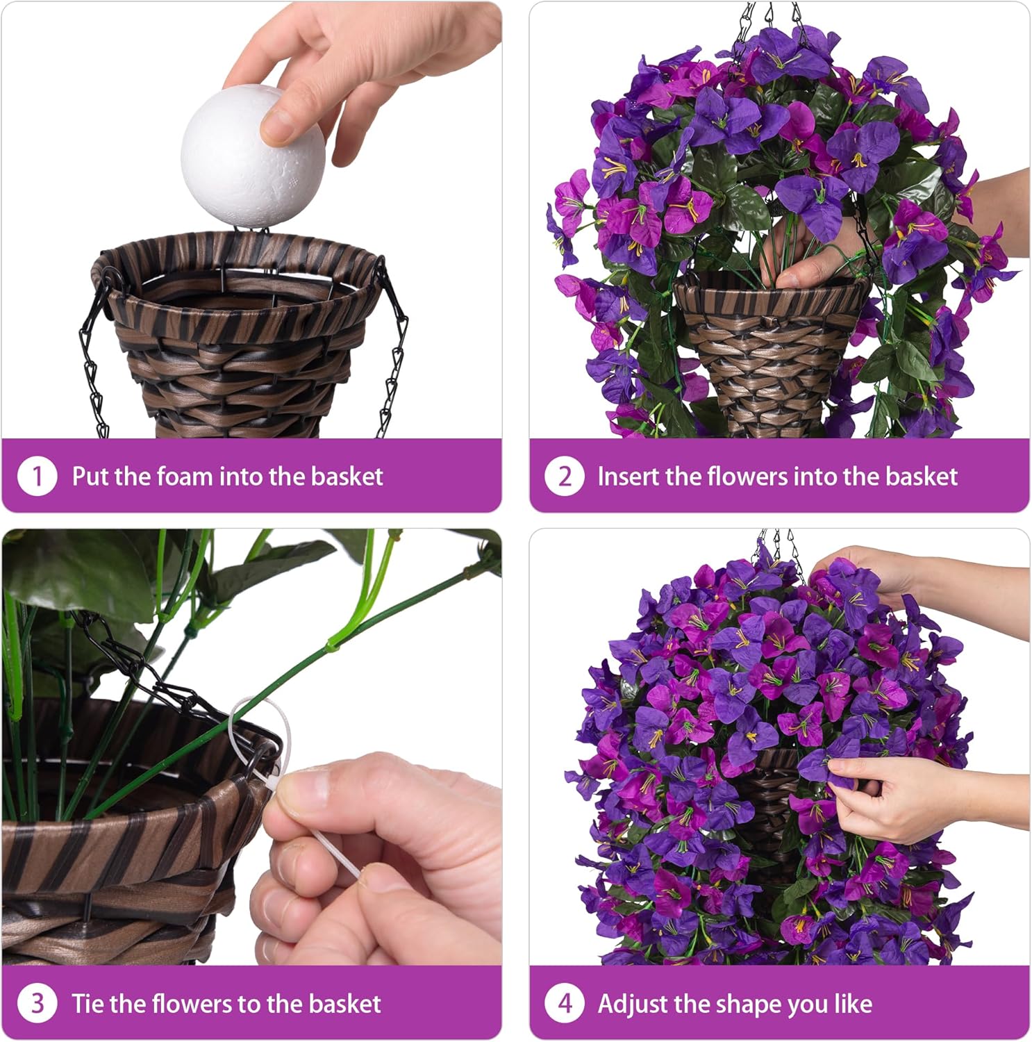 Bougainvillea Artificial Hanging Fake Flowers with Basket for Outdoors Decoration, Faux Silk Flowers UV Resistant Fake Plants Long Vines Realistic for Outside Front Door Porch, Dark Purple Fuchsia