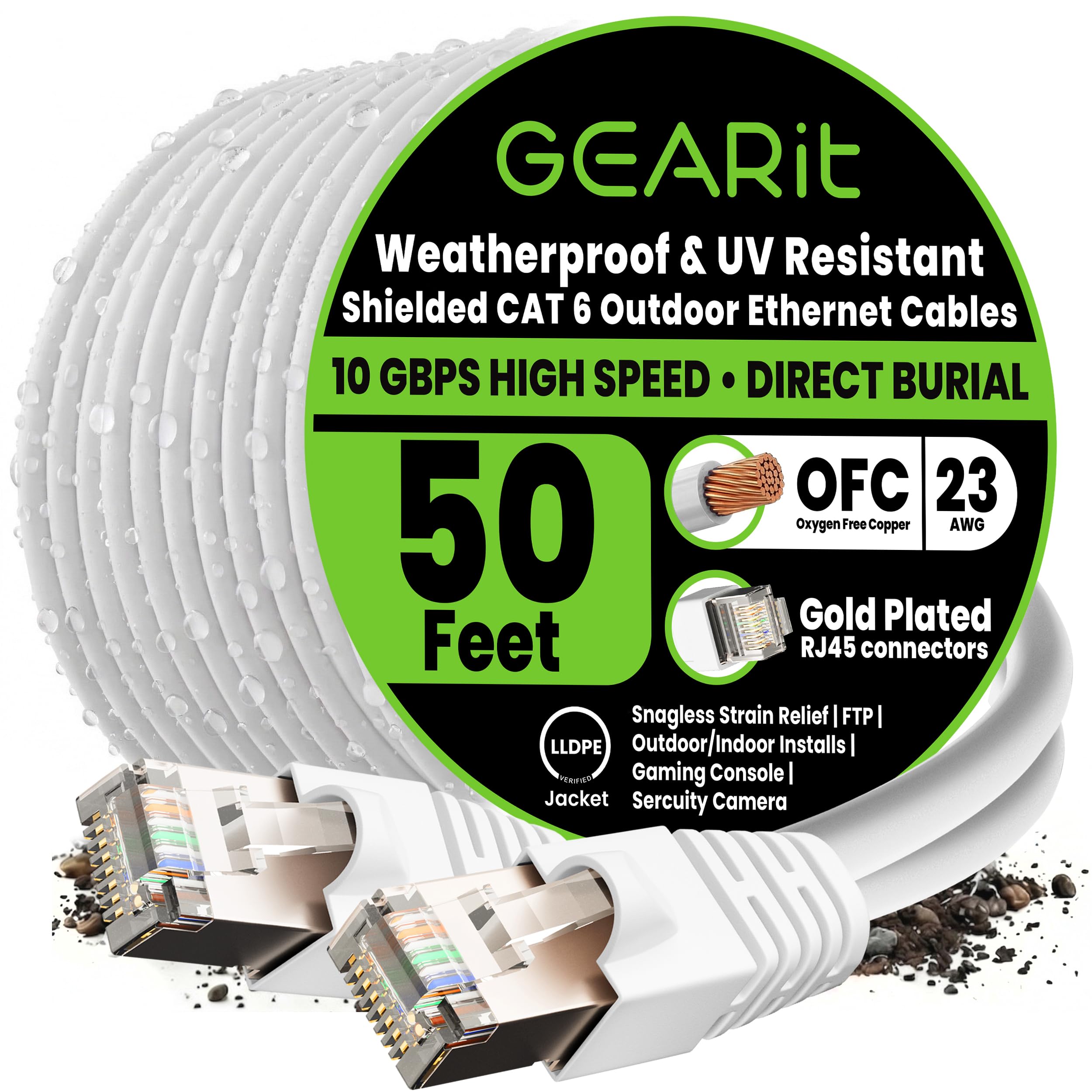 GearIT Cable Ethernet Cat6 para exteriores (50 pies) 23AWG cobre puro, FTP, LLDPE, impermeable, entierro directo, en tierra, resistente a los rayos UV, POE, red, LAN, Internet, Cat 6, cable Cat6-50
