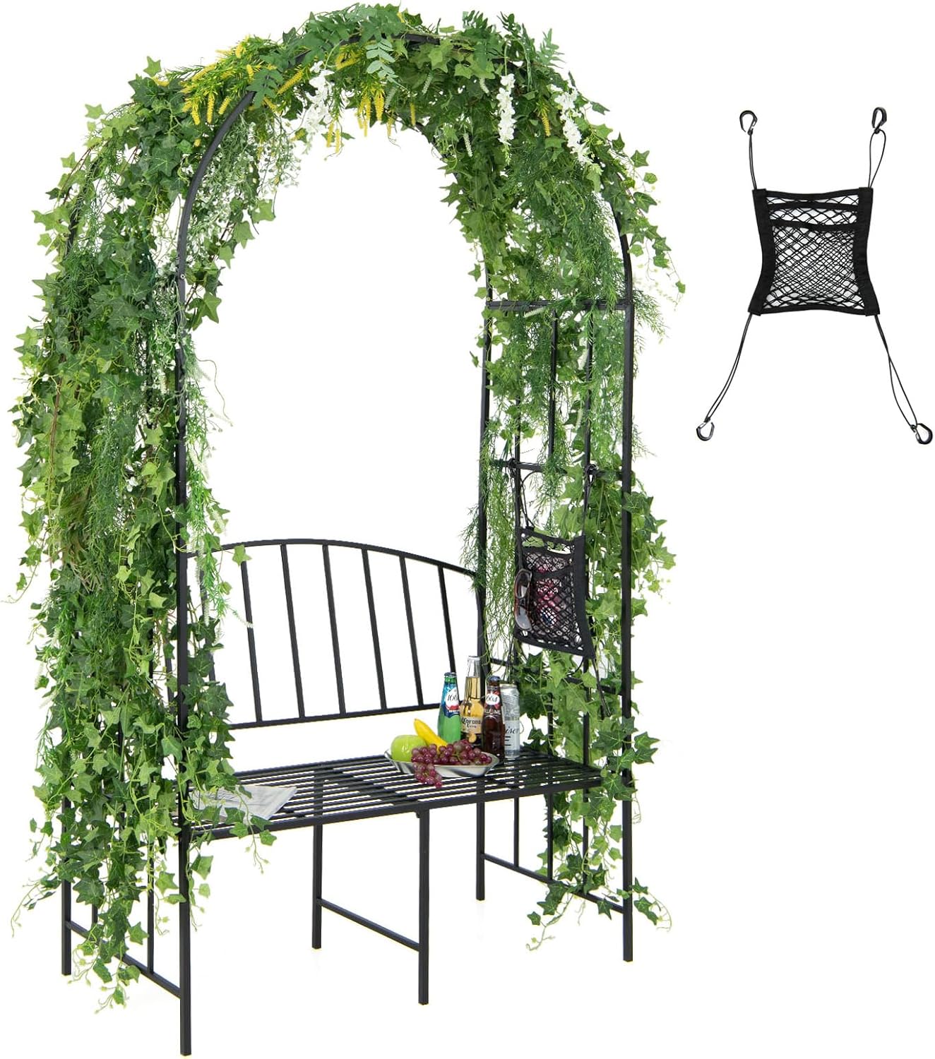 Moccha Metal Garden Arch with Bench, Outdoor Pergola Trellis Archway for Climbing Plant Roses Vines, 2-Person Garden Arbor with Seat for Backyard Weeding Party Ceremony, 81” x 45.5'' x 20'', Black
