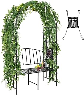 Moccha Metal Garden Arch with Bench, Outdoor Pergola Trellis Archway for...