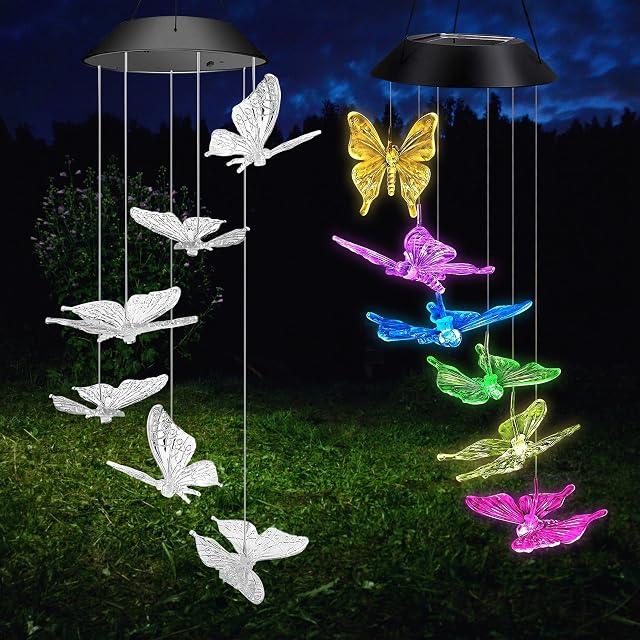 Solar Wind Chimes for garden, Gifts For Mum, Gift For Grandma, Friendship Gifts For Women, Wind Chime for Both Indoor and Outdoor, LED Wind Chimes Hanging Decorative Patio lights for Yard (Butterfly)