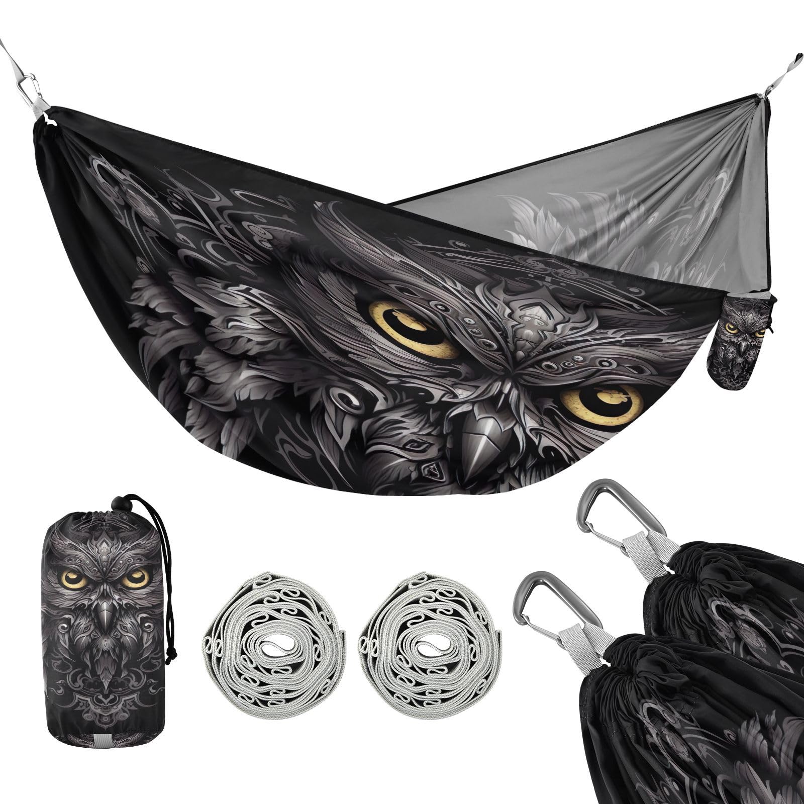 SDMKA Totemic Owl Camping Hammock, 330 lbs with 2 Tree Straps, Carry Bag, Single Portable Hammock for Outdoor/Indoor, Hiking, Beach, Backpacking, Travel