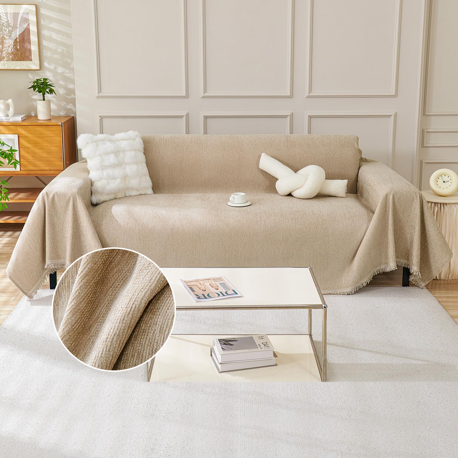 TAOTAOGO Sofa Cover 2 3 Seater Chenille Corner Sofa Slipcover Washable L Shape Sofa Covers Sectional Couch Cover with Tassel Furniture Protector for Pet Loveseat Futon Cover F Khaki 180x300cm