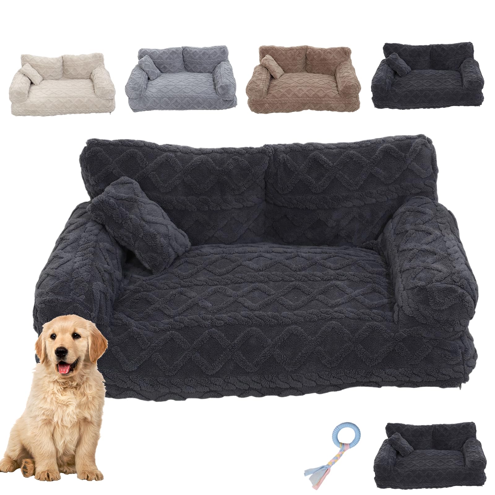 Dawhare Plush Calming Pet Sofa Bed with Removable Cover, Soft Pet Sofa with Non-Slip Bottom, Washable Sleeping Bed, for Labrador, German Shepherd, Teddy, and More (1PC(D),L)
