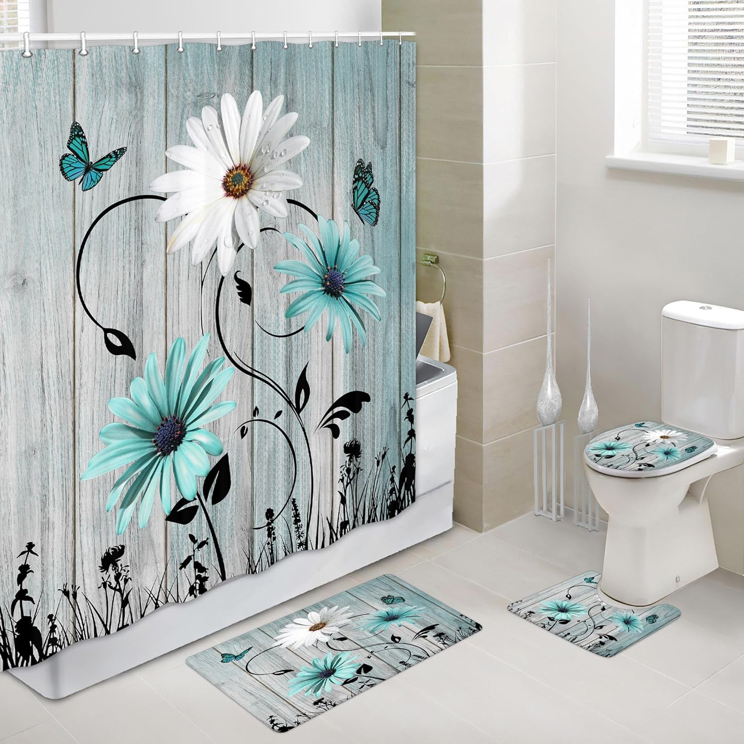 Rustic Farmhouse Floral Bath Rug, Farm Teal Daisy Flowers Butterfly Old Country Turquoise BNon Slip Bath Mats, Bath Rug Sets for Bathroom Bedroom Kitchen Outdoor Indoor