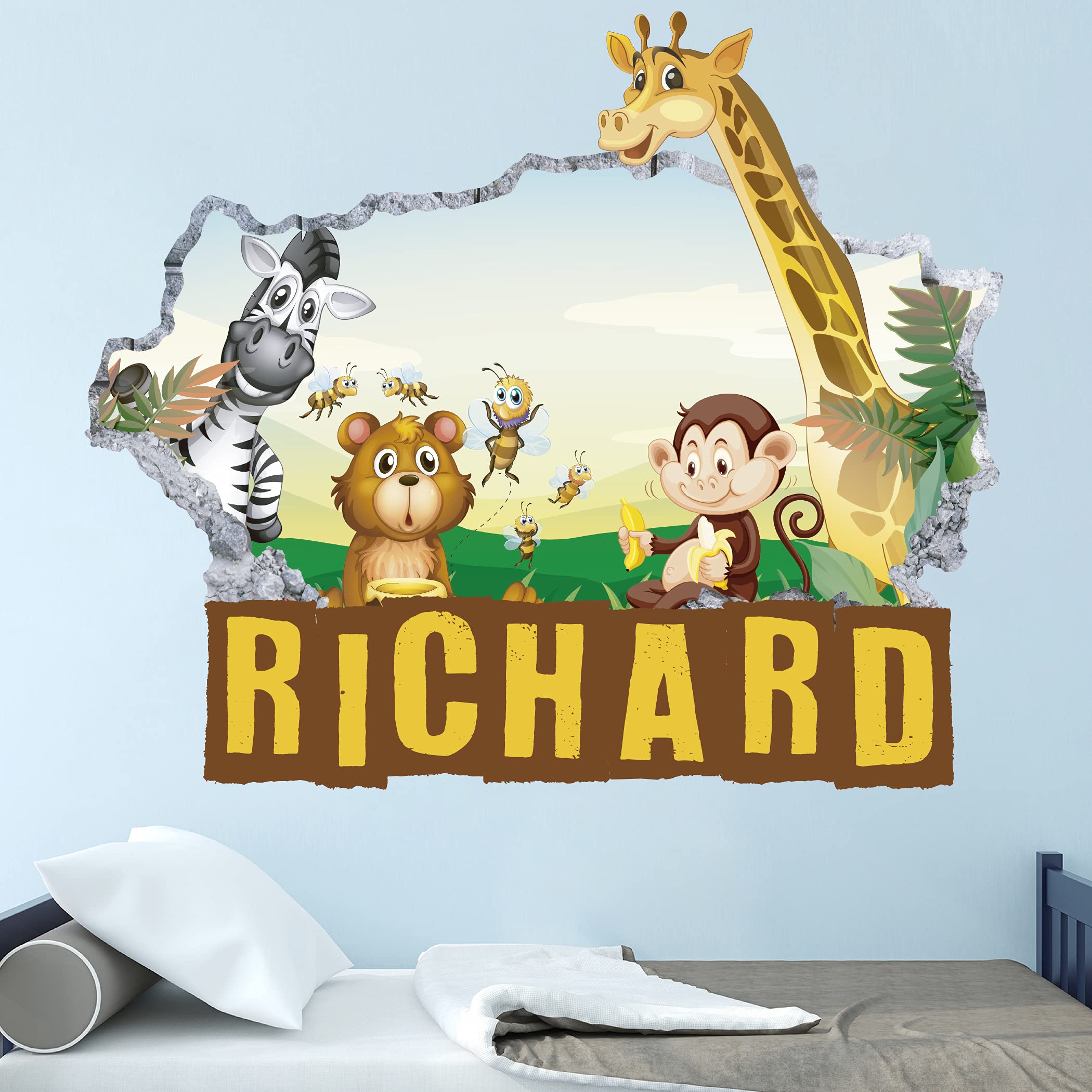 Zoo - Zebra Jirafa Mono Tigre Calcomanías de Vinilo Personalizadas con Nombre Pegatinas de Letras Calcomanías de Pared LE17 (Grande: 100 cm x 64 cm)