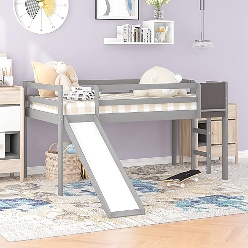 Miniatura 11 de Cama alta individual con tobogán, cama alta de madera de perfil bajo para niños y niñas, escalera integrada y riel de protección, no necesita somier