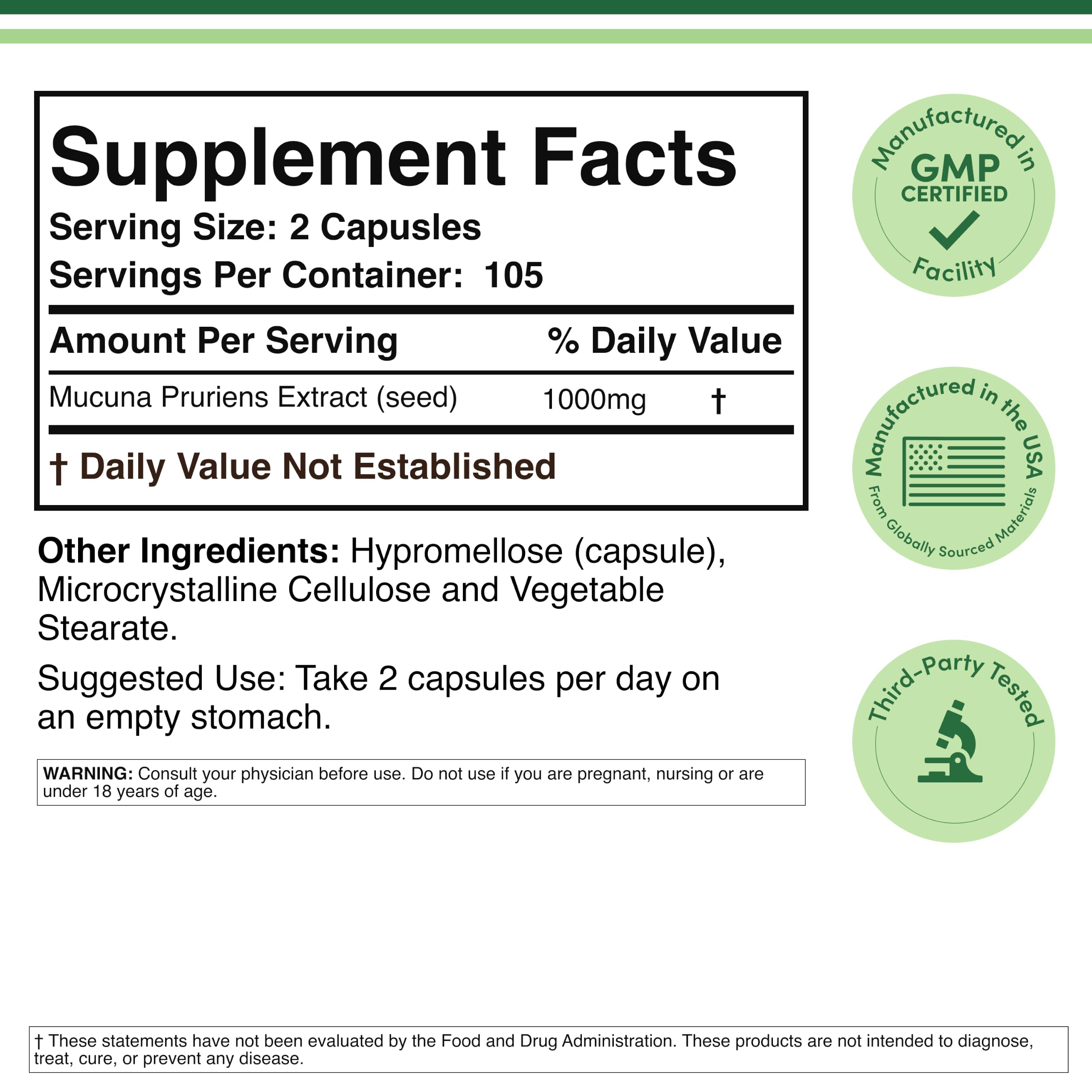 Mucuna Pruriens 20% L-Dopa, Mood, Motivation + Focus, 105 Servings — Amazon image 5