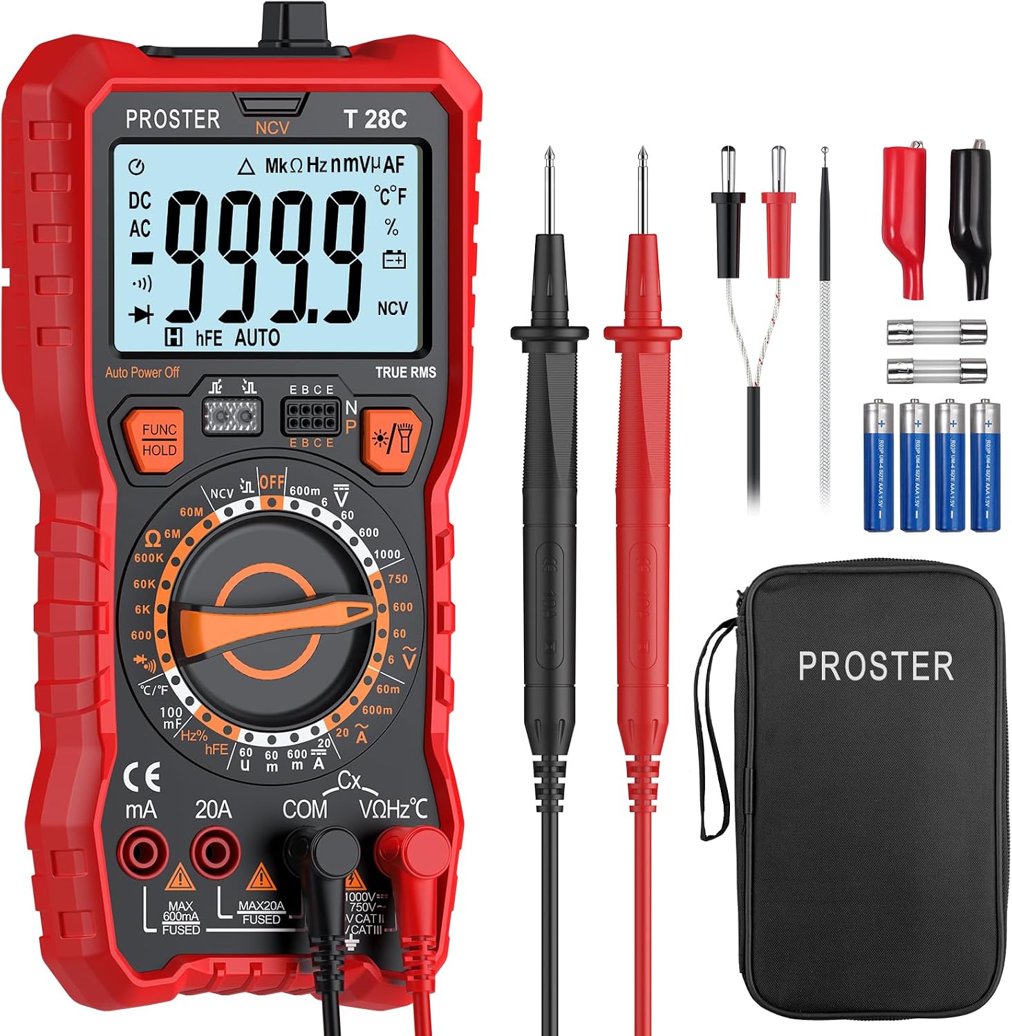 Proster red 6000-count multimeter with magnetic back and test probes