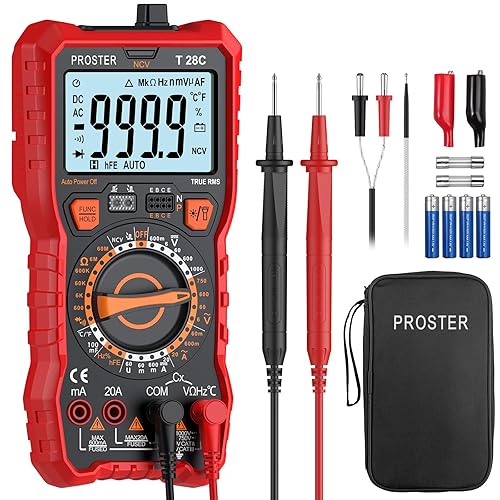 Proster TRMS 6000 Count Digital Multimeter - Auto/Manual Range, Tests Voltage, Current, Resistance, Capacitance, NCV, With Probes & Bag