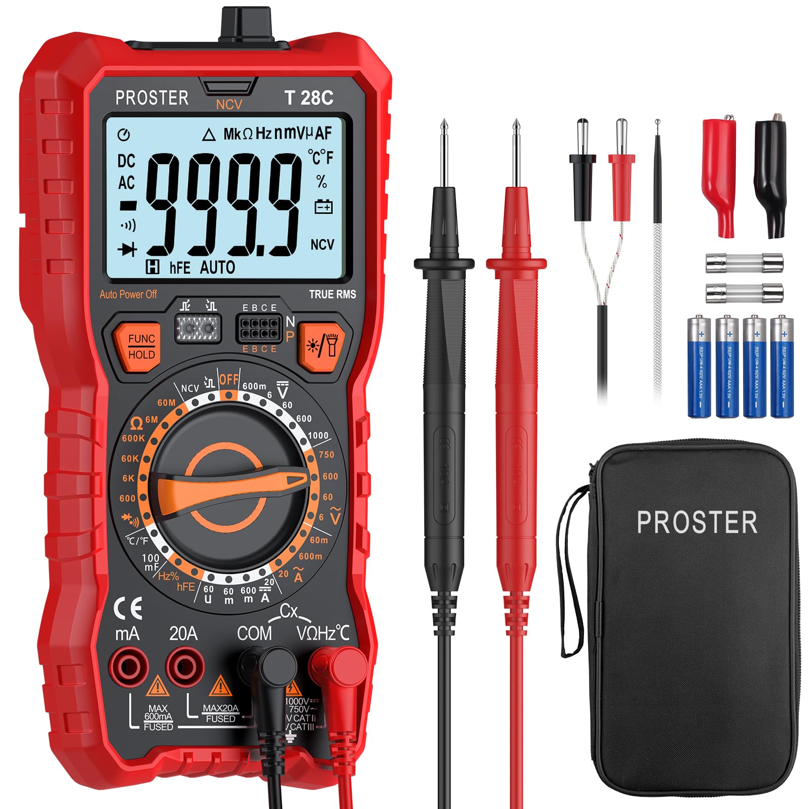 Proster Multimetro Digitale 6000 conti 20A 1000V TRMS Manuale Intervallo NCV Tensione CA/CC Corrente Resistenza Capacità Frequenza Diodo Continuità HFE Infrarossi con Magnete e Supporto