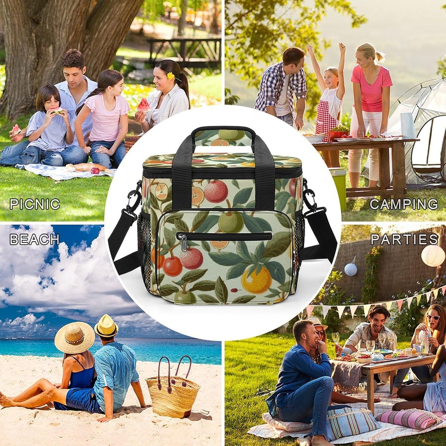 Plants and Fruits Cooler Bag Portable Insulated Lunch Bags Leakproof Ice Chest Large Capacity Soft Cooler Tote for Picnic Camping Work Travel Keep Food Drinks Fresh 22.5L