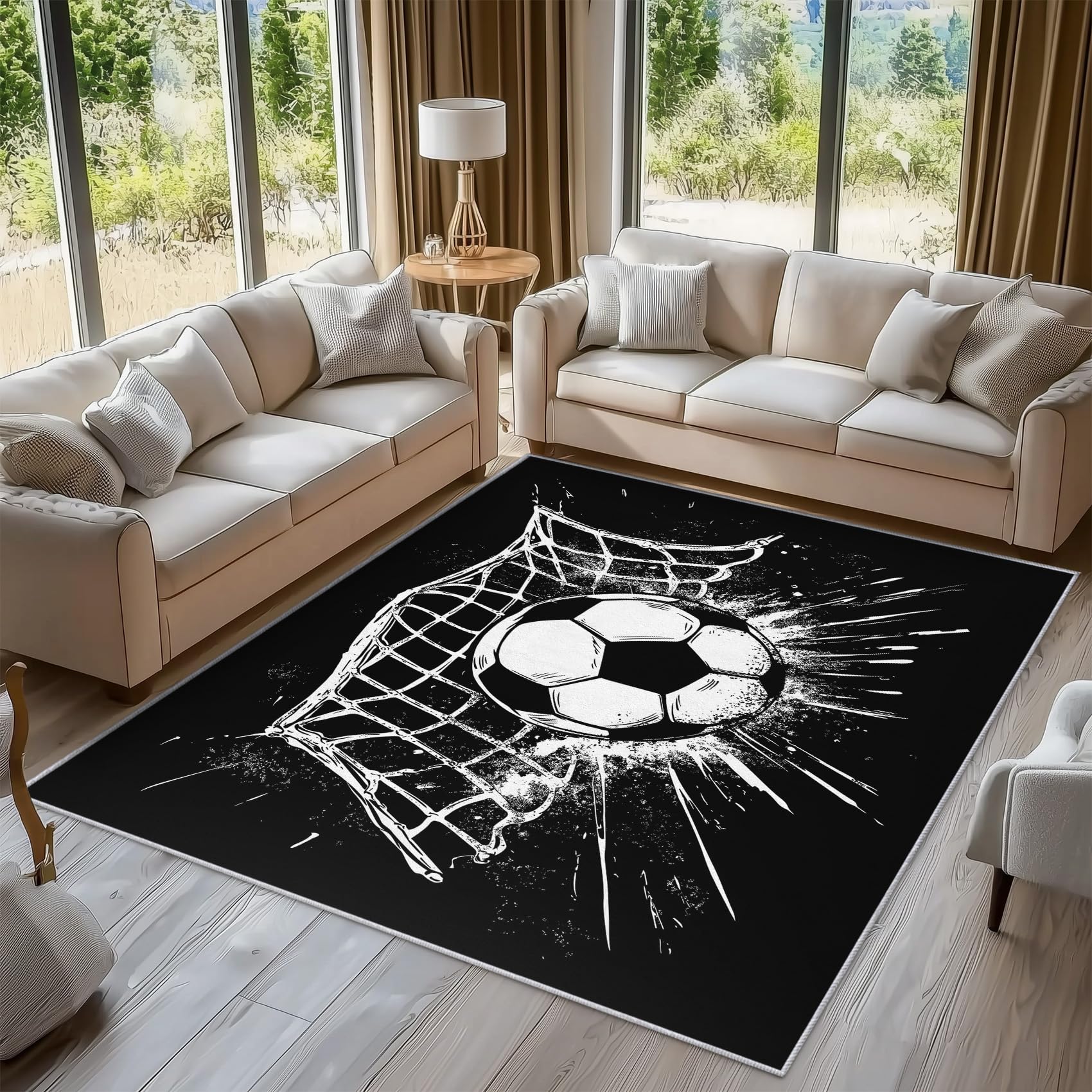 Générique Tapis Salon Foot, Tapis Chambre Noir Blanc Football, Doux Flanelle Poil Court 60x110 cm - Lavable Antidérapant Paillasson H-21
