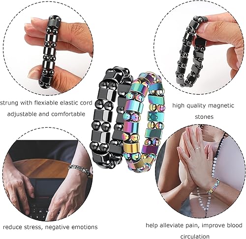 Miniatura 9 de CASSIECA Pulsera magnética de hematita para hombres y mujeres, pulsera de reiki, ojo de tigre, arco iris con cuentas de piedra