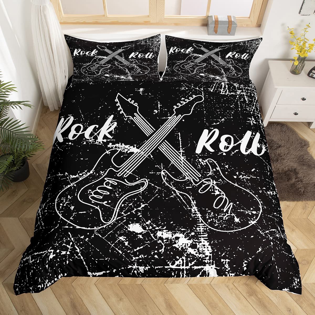 feelingyou Rock Roll Music Duvet Cover King for Children,Guitar Instrument Bedding Set Room Decor Gift Comforter Cover,Retro Abstract Graffiti Quilt Cover with 2 Pillowcases