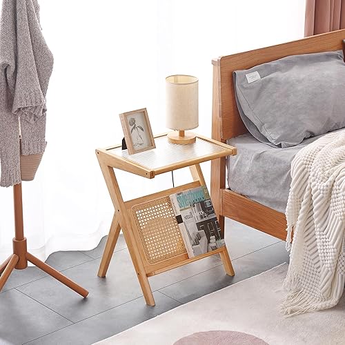 Miniatura 6 de LITA Mesa auxiliar de ratán, mesa auxiliar de mediados de siglo, moderna mesa de noche de bambú con estante para revistero, mesa de madera bohemia