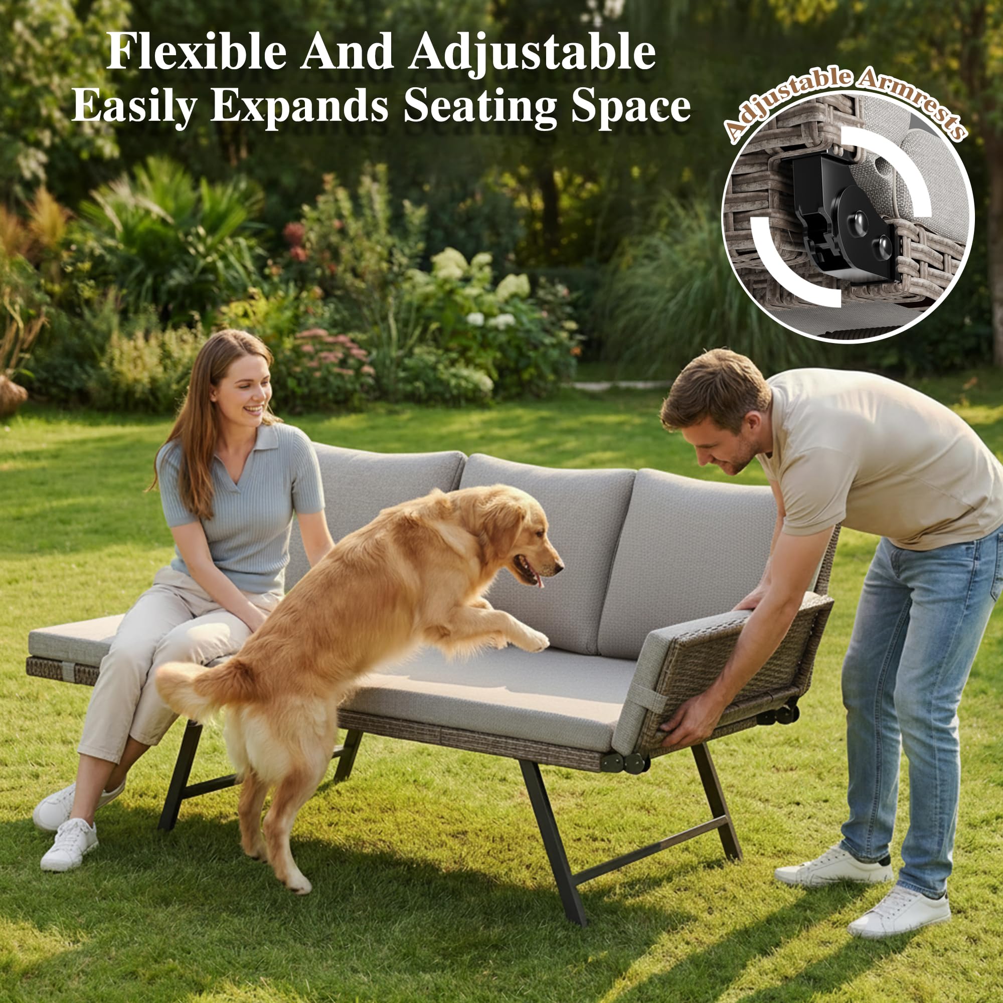 Lot de 2 Canapé de Jardin 2 Places en Poly Rottin avec Accoudoirs Réglables, Chaise Longue pour Terrasse Balcon Patio, Meuble de Jardin avec Coussins Lavables Beige