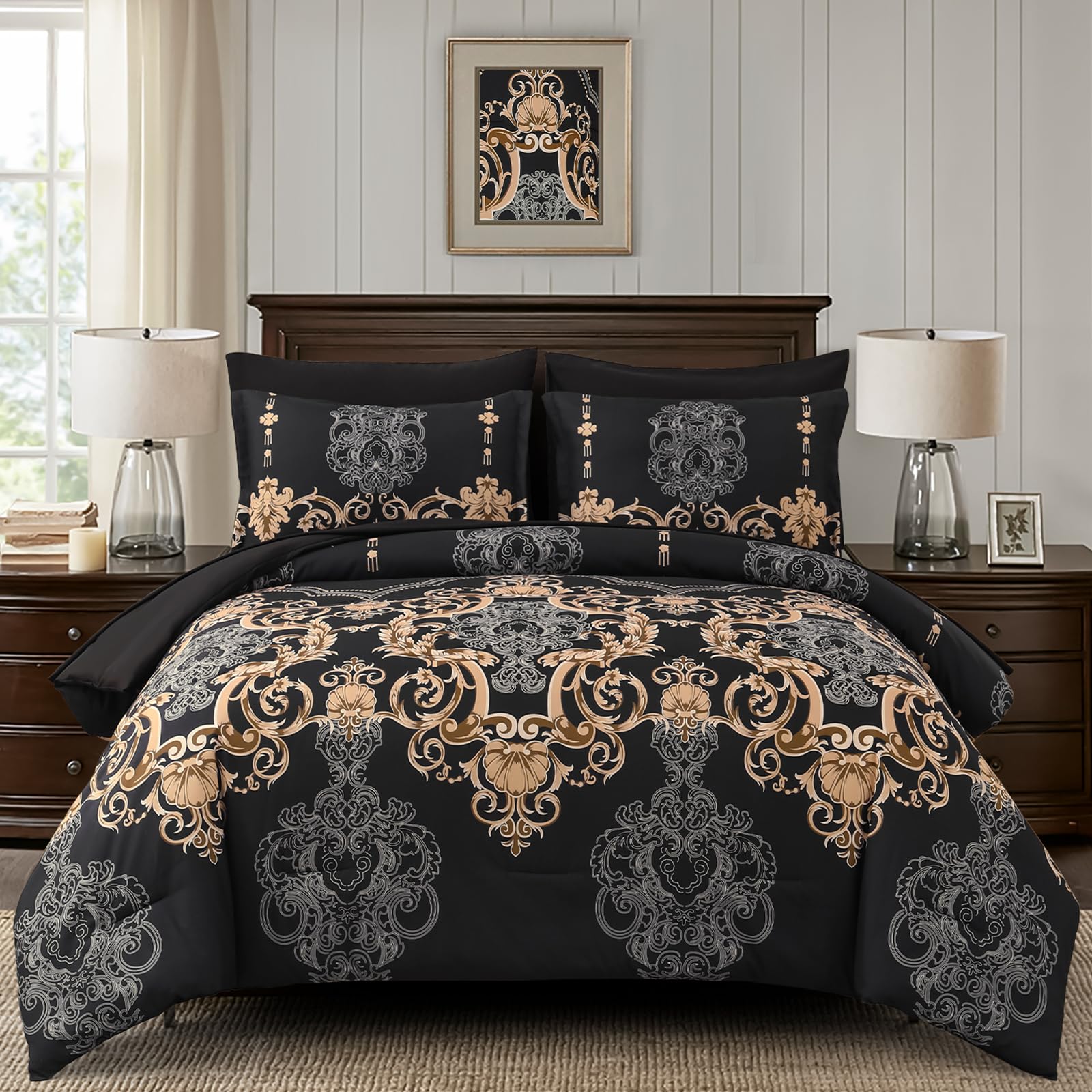 Mybedsoul Black Queen Comforter Set, 7 Pieces Gold Boho Bed in a Bag for Queen Bed, Damask Comforter with Sheets Pillowcases, Soft Microfiber