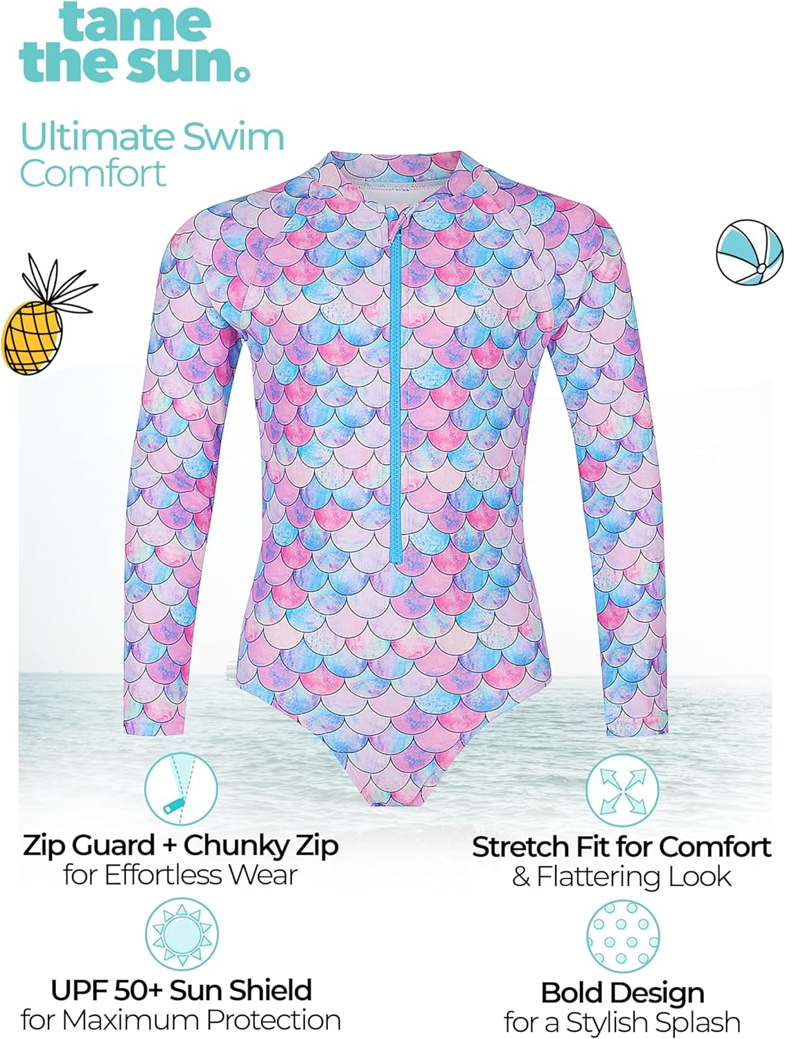 Tame the Sun Long Sleeve Girls' Swimsuit - Rash Guard with Frills, UPF 50+ Zipper Swimwear - Bathing Suit for Ages 3-12