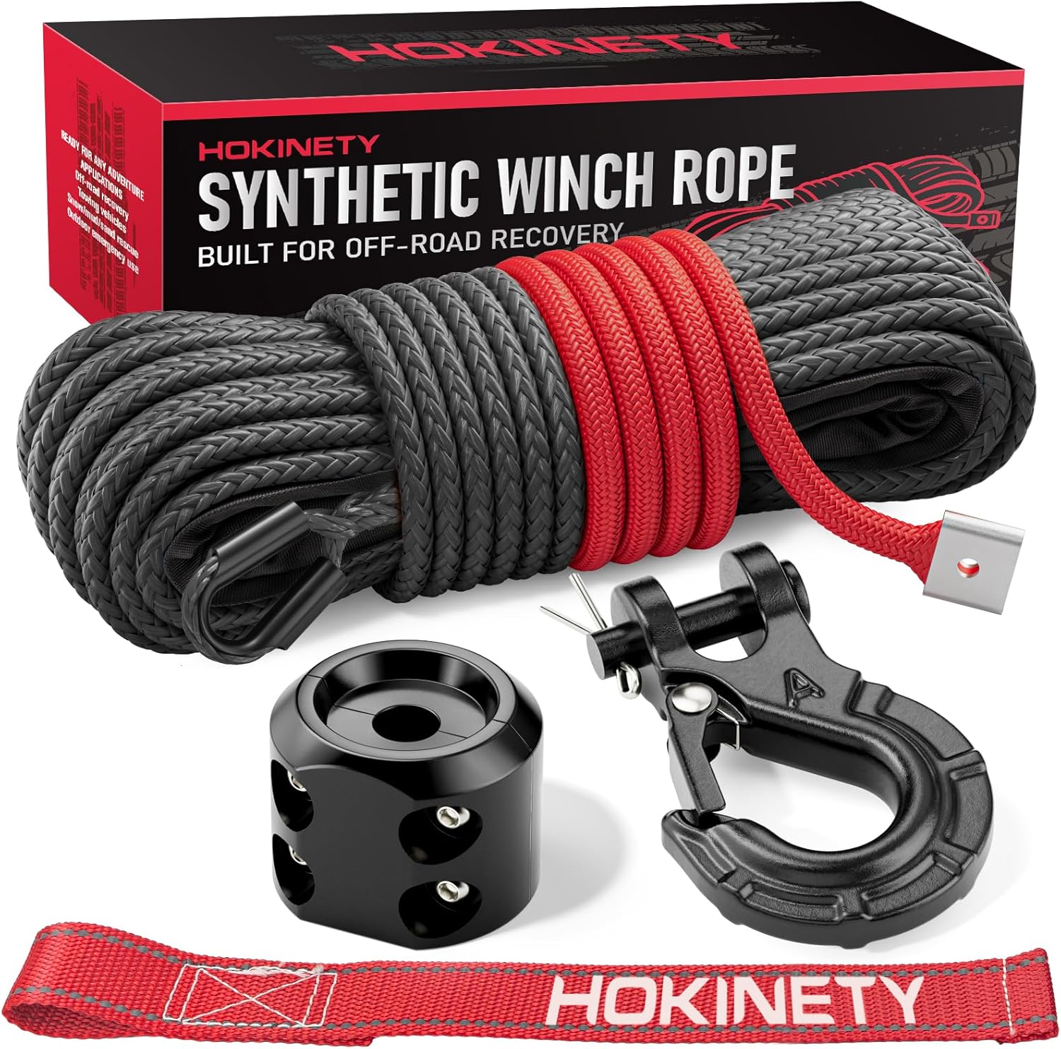 Synthetic Winch Rope Kit - 1/4" x 50' 10000 lbs Kinetic Recovery Cable for ATV UTV Off-Road Vehicles with Forged Hook, Rubber Stopper, Protective Sleeve and Safety Pull Strap - Grey