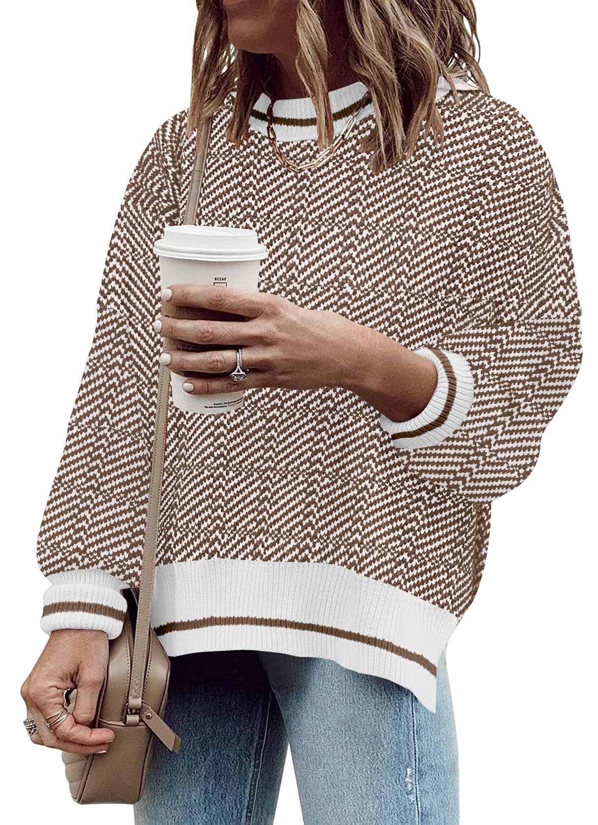 SAUKOLE Womens Sweaters Batwing Sleeve Side Slit Loose Knit Pullover Tops