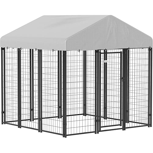 PawHut Outdoor Dog Kennel with Roof, 6' x 6' x 6' Heavy Duty Welded Wire Dog Playpen Enclosure with Escape-Proof Lock, UV-Resistant & Waterproof Cover, for Large Dogs, Silver