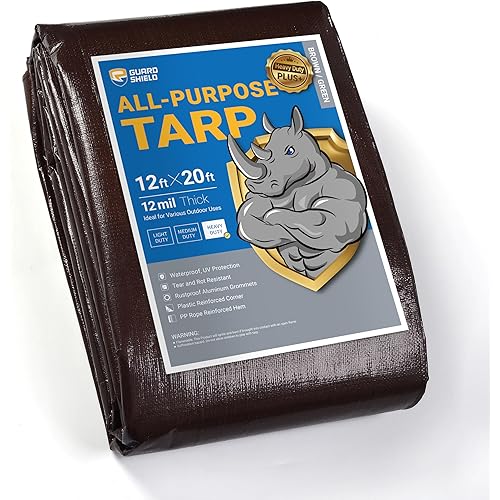 GUARD SHIELD Brown/Green Tarps Heavy Duty Plus+ Waterproof 12x20 Feet, 12mil Large Tarp with Reinforced Grommets, Outdoor Cover for Roof, Car, Boat, Truck and Ground Pool