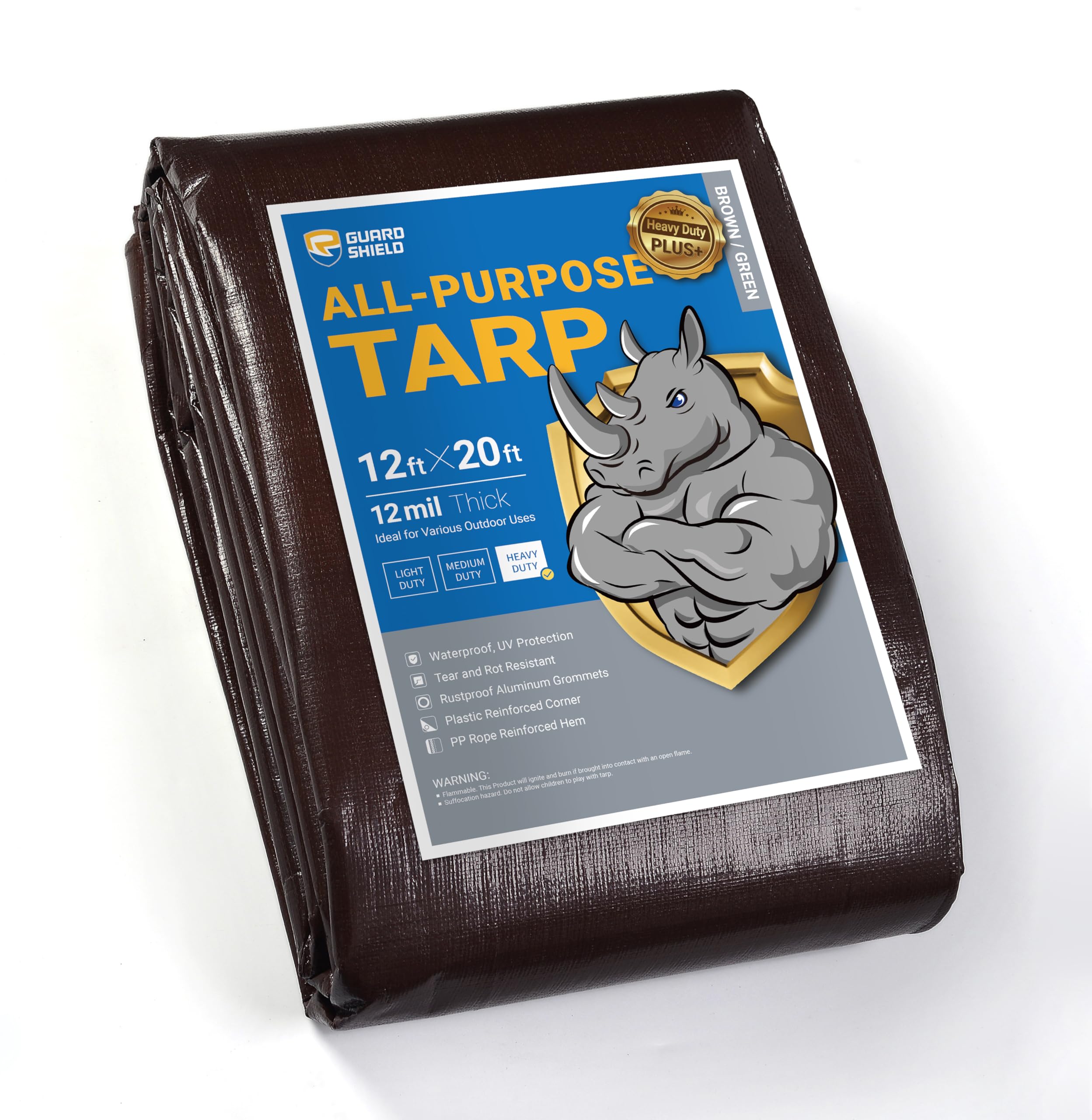 GUARD SHIELD Brown Tarp 12x20 Feet Large Plastic Tarps Heavy Duty Waterproof Outdoor Tarpaulin Cover 12mil