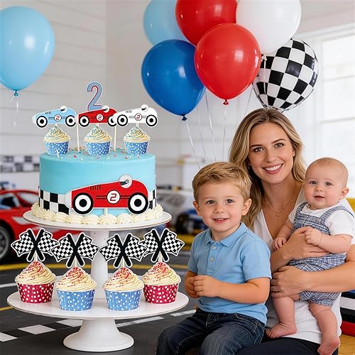 Vista 3 de 48 piezas de decoración para cupcakes de 2º cumpleaños de auto de carreras, decoraciones rápidas de dos cumpleaños para niños, decoraciones