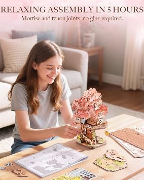Rolife DIY Miniature House Kits Sakura Tree House 12 3D Wooden Puzzles for Adults, Japanese Cherry Blossom Model Building Kit, Bonsai Craft Home Decor Gifts for Adults Family