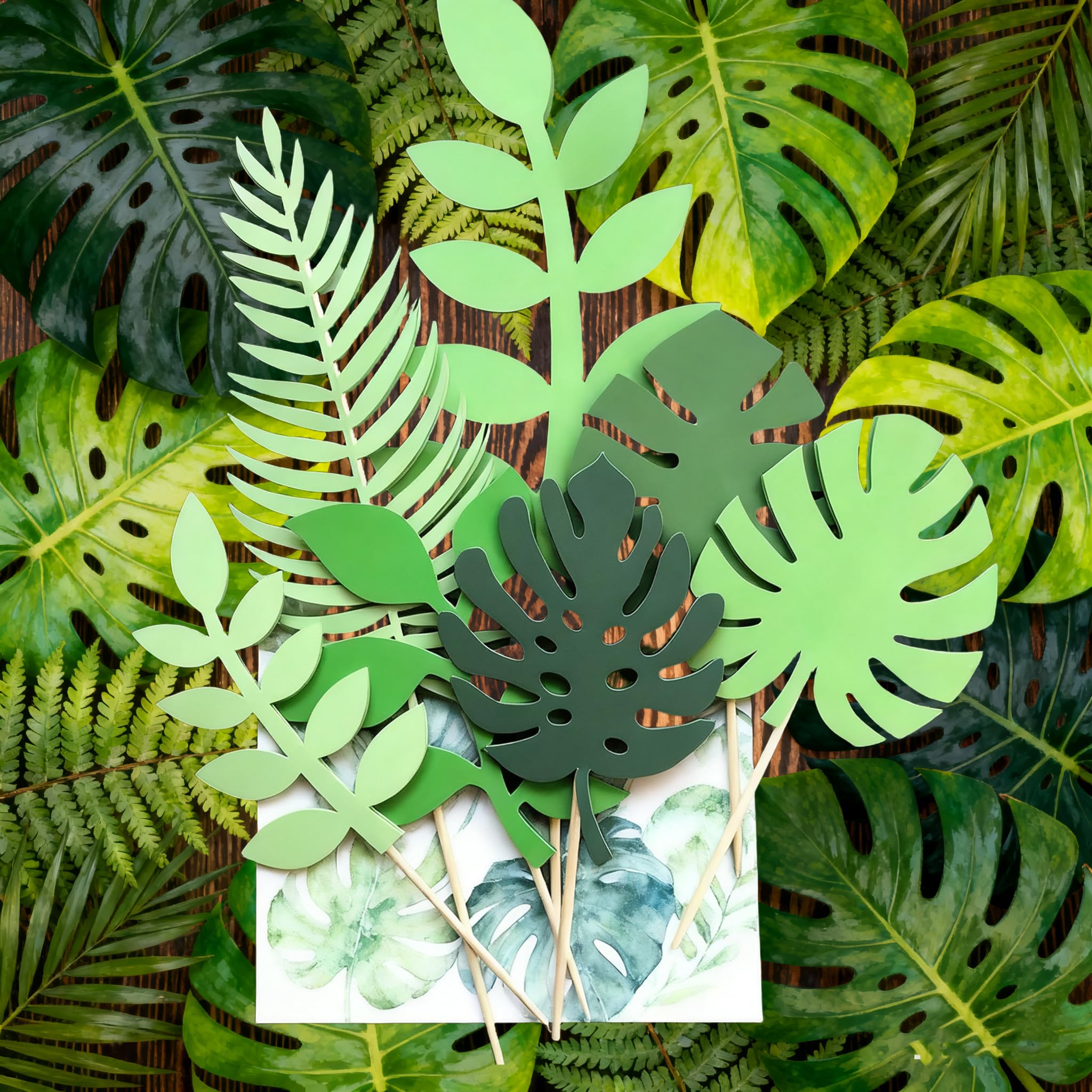 ToVii Tropical leaf Cake Decorations,Green Palm leaf Decorations for Jungle-Themed Birthday Parties, ideal for Party Cake Decorations, Holiday Dessert Toppers.