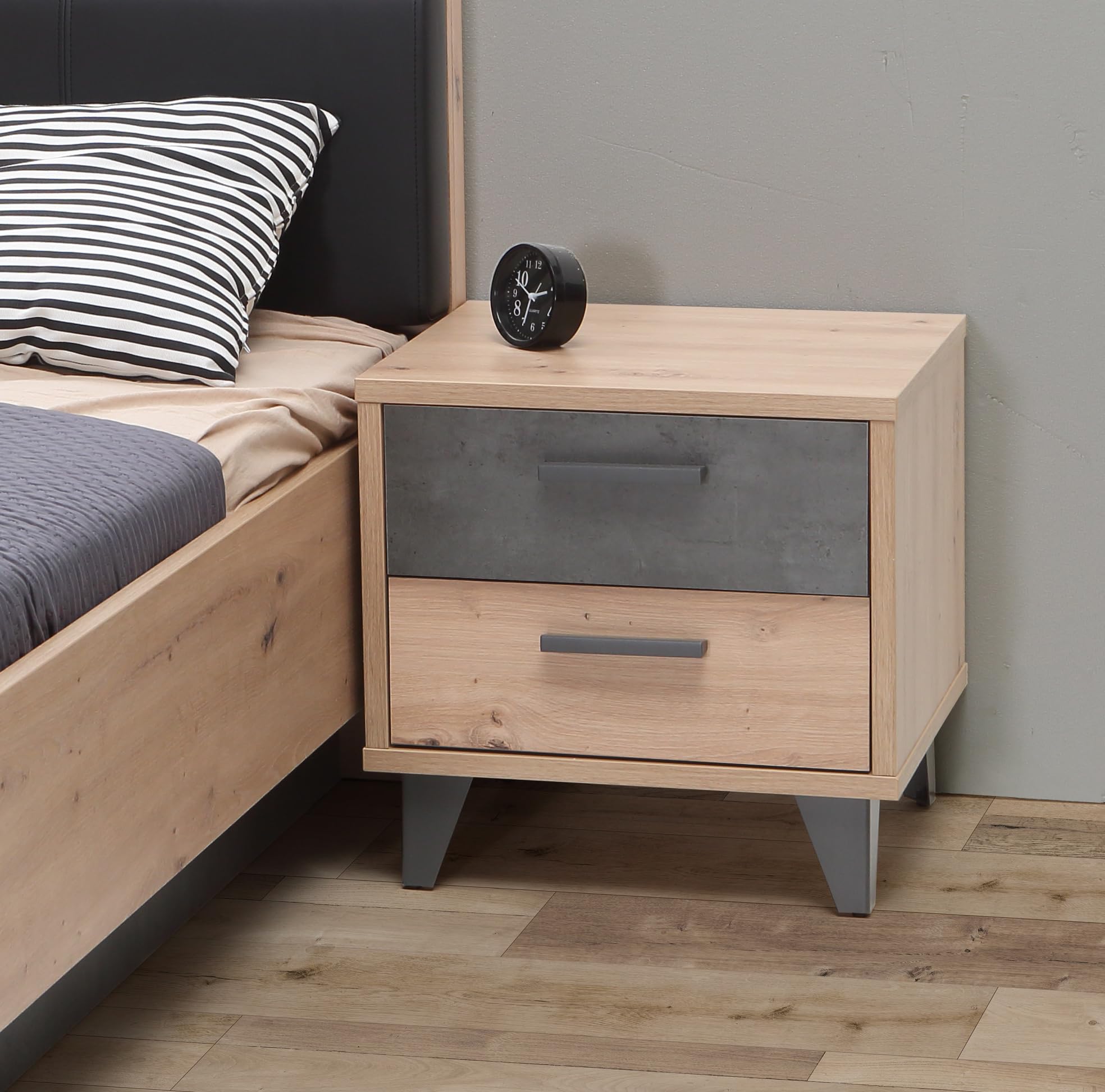 Forte Raven Nachttisch 50, Stilvoller Nachttisch mit 2 Schubladen, Nachtschrank, Holzwerkstoff, Artisan Eiche Holzdekor/Betonoptik Dunkelgrau, 49,8 cm breit x 48,4 cm hoch x 41,5 cm tief Küche, Haushalt & Wohnen