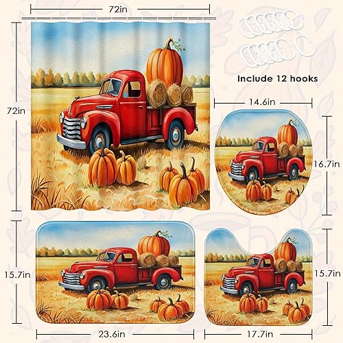 Miniatura 3 de Juego de cortinas de ducha de otoño con tapa de inodoro y alfombras antideslizantes, 4 cortinas de ducha para baño, decoración de otoño de cosecha