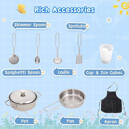 Miniatura 5 de Juego de cocina de esquina, cocina de madera con luces y sonidos, cocina grande con estufa, juguetes de cocina, microondas, horno, máquina de hielo,