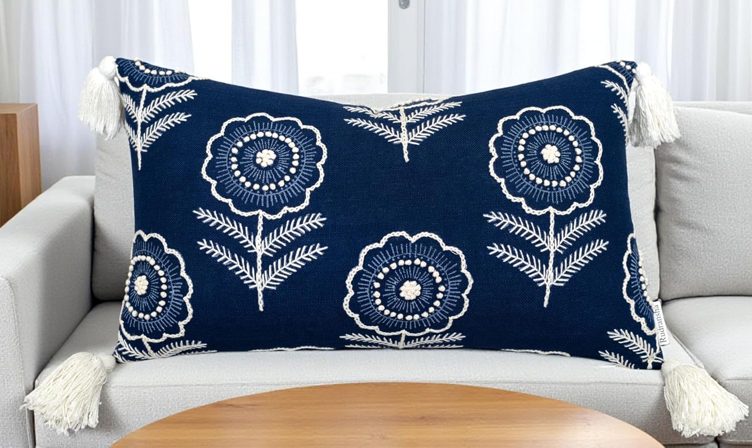 Rudransha Hand Embroidered Pillow Cover 12x20 Inch Navy Blue Cotton - Trina Floral