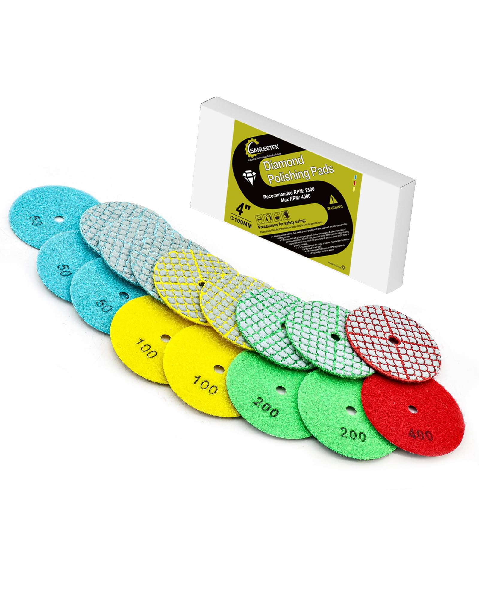 SANLEETEK Dry Diamond Polishing Pads - 100MM 8pcs Grit 50x3/100x2/200x2/400 Tile Polishing Pads Dry Polish Pad Kit for Granite Marble Quartz Artificial Stone Polishing for Angle Grinder