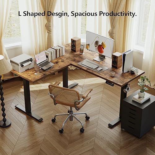 Miniatura 4 de Agilestic Escritorio de Pie en Forma de L de 59 Pulgadas de Altura Ajustable, Escritorio de Esquina Eléctrico de Pie, Mesa de Computadora Sit Stand