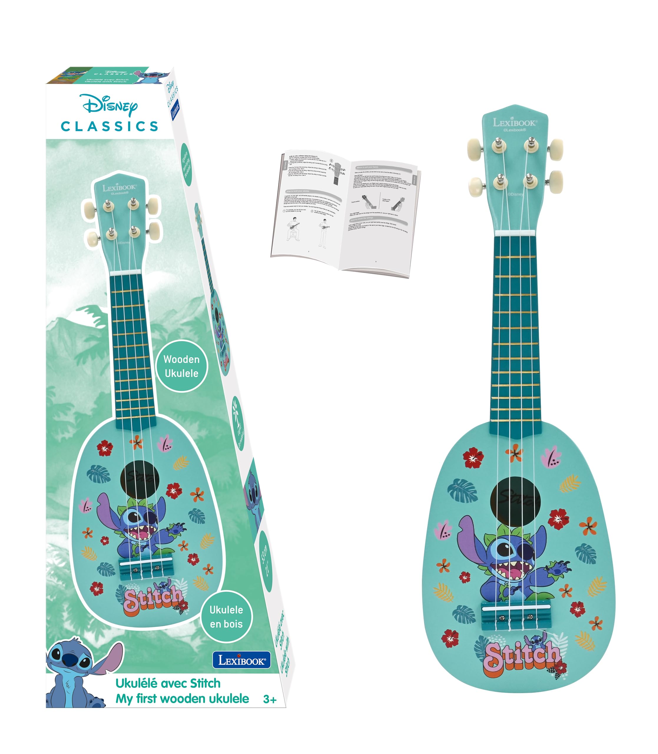 Lexibook, Disney Stitch, My first wooden ukulele, 4 nylon strings, 53 cm, guide included, Blue, K230DLXB