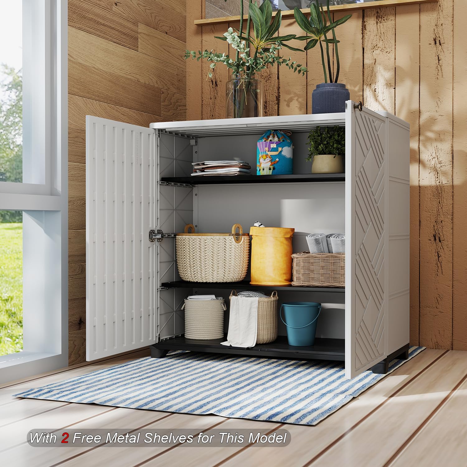HOMSPARK Indoor/Outdoor Storage Cabinet with Doors and 2 Metal Shelves, 34”x15”x34” HDPE Plastic Storage Box for Patio, Garden, Enterway, Balcony, Multi-Purpose for Daily Tools, White