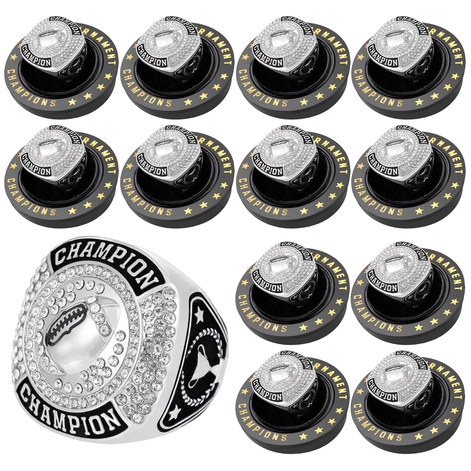 12 Stück Fußball Meisterschaft Ring Sport Ball Trophäe Award Geschenk mit Display Hals Kette und Ständer für Turnier oder Liga Champion Gewinner