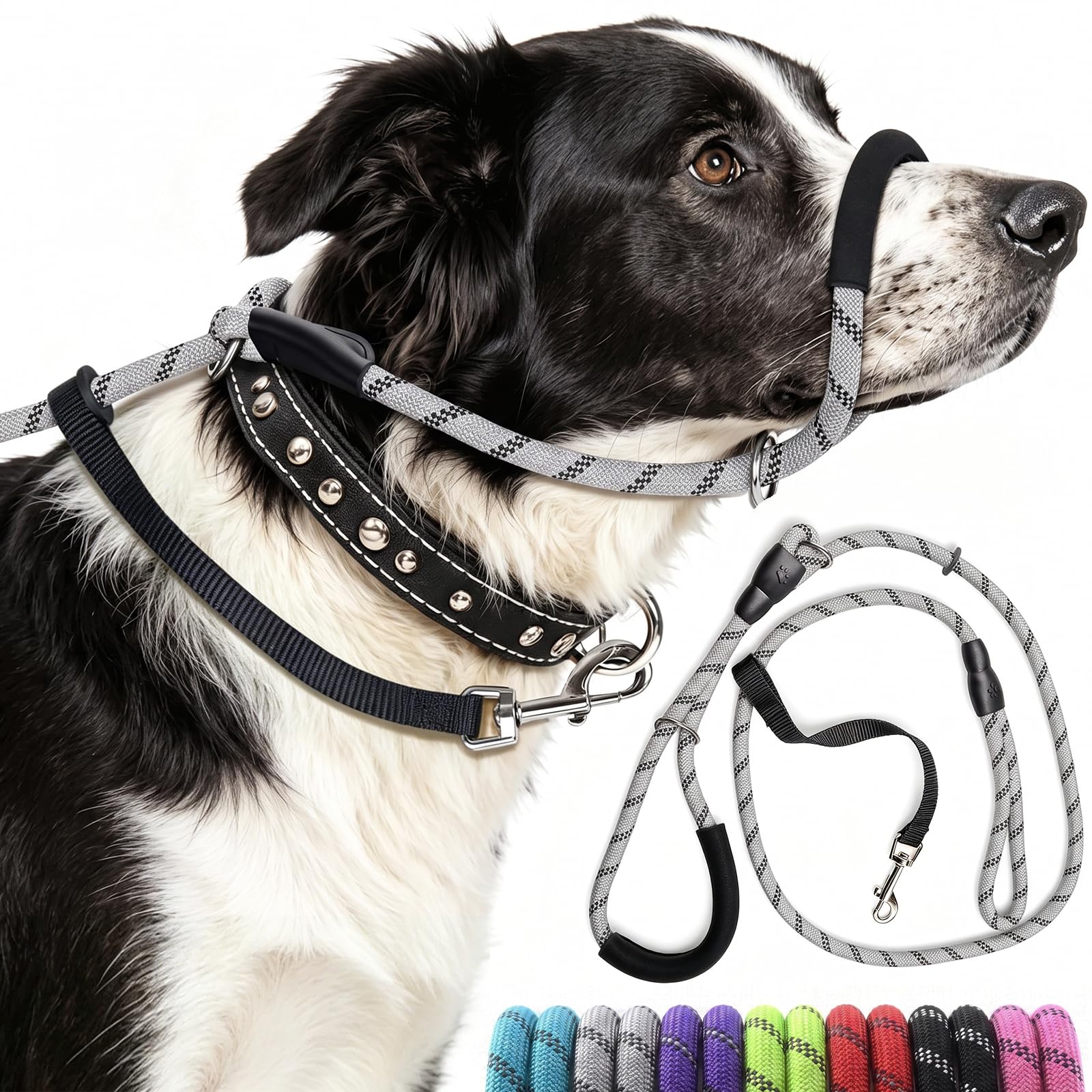 Figure of 8 Dog Leadd, Anti Pull Dog Lead, Nose Pad & Reflective, Grey