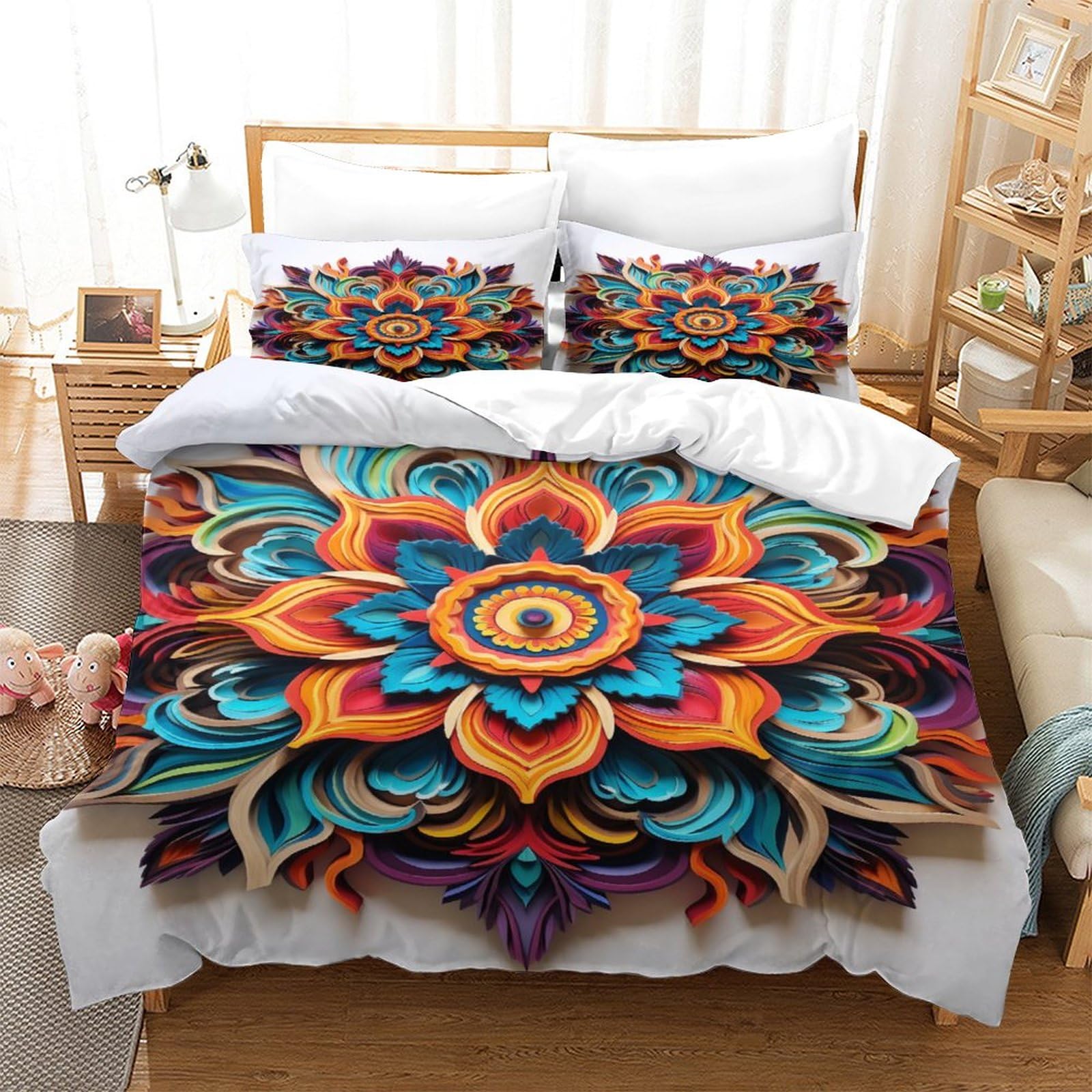 Copripiumino Matrimoniale 3D Mandala Colorato - Set Biancheria Da Letto In Microfibra Con Cerniera, Federe Incluse, Morbido E Traspirante Per Ragazzi E Ragazze, 200x200 Cm