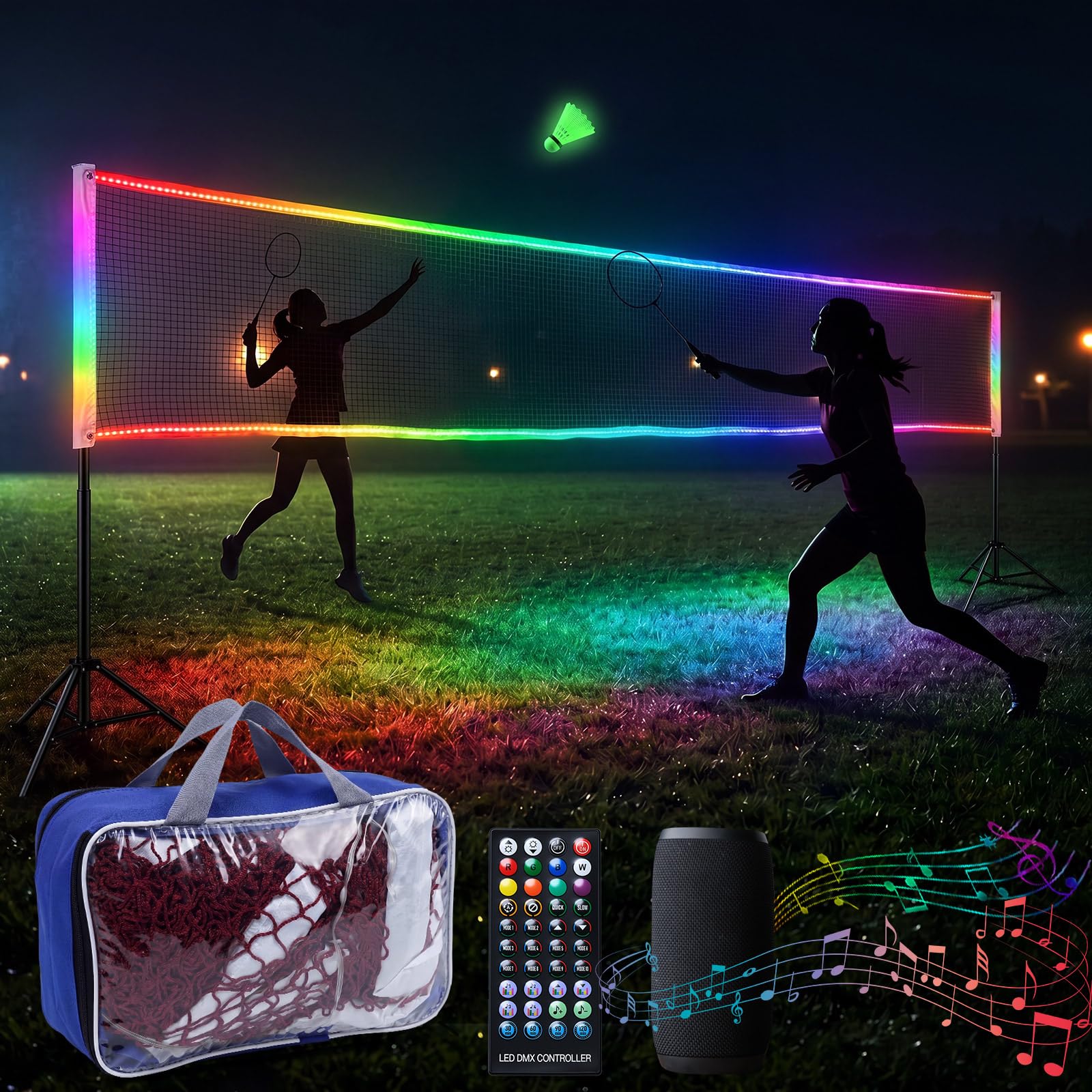 WinnerWhy LED Badminton Net with Steel Cable Remote Music Control 20x2.5 ft