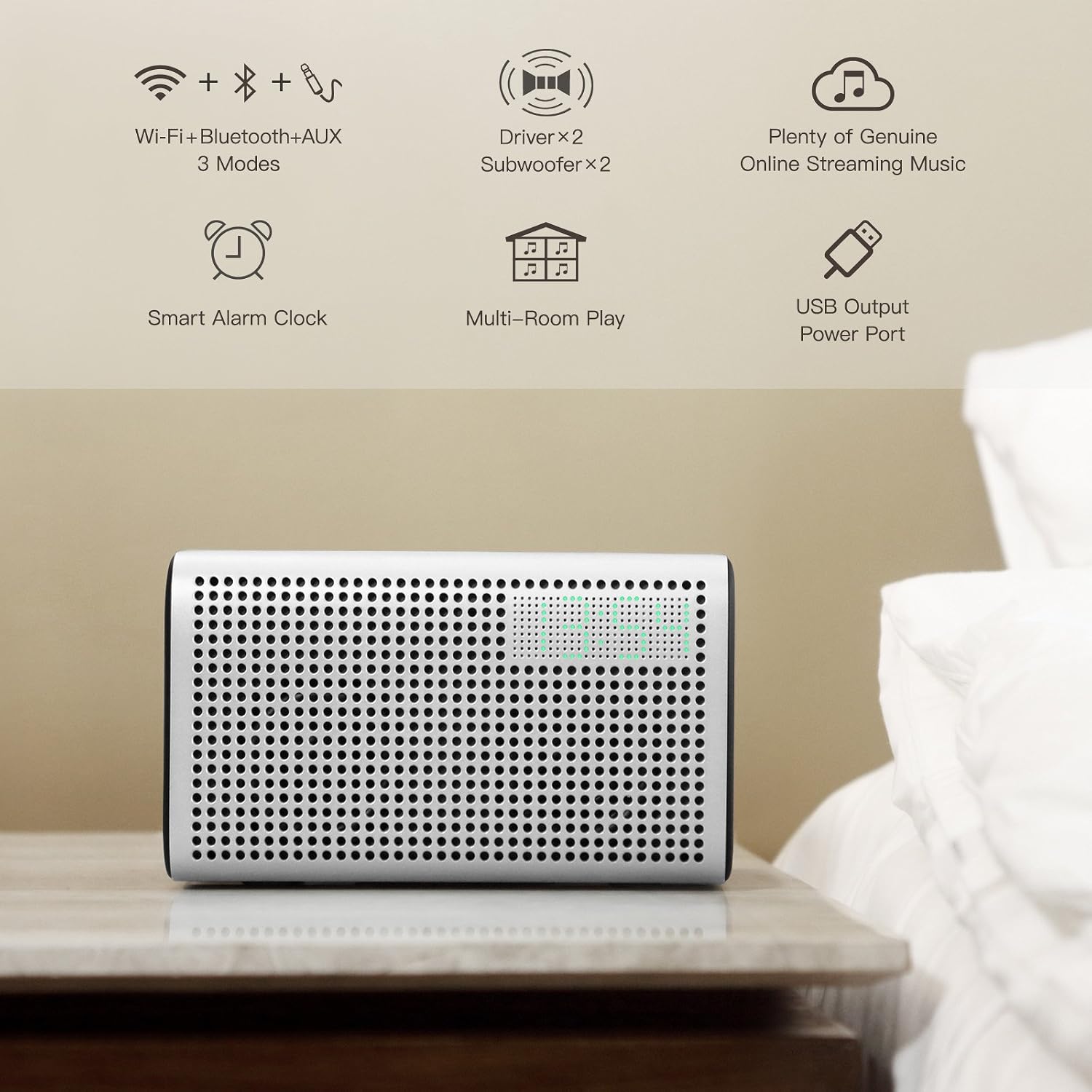 GGMM E3 Speaker features overview including Wi-Fi, Bluetooth, AUX, drivers, subwoofer, online music, alarm, multi-room play, and USB output