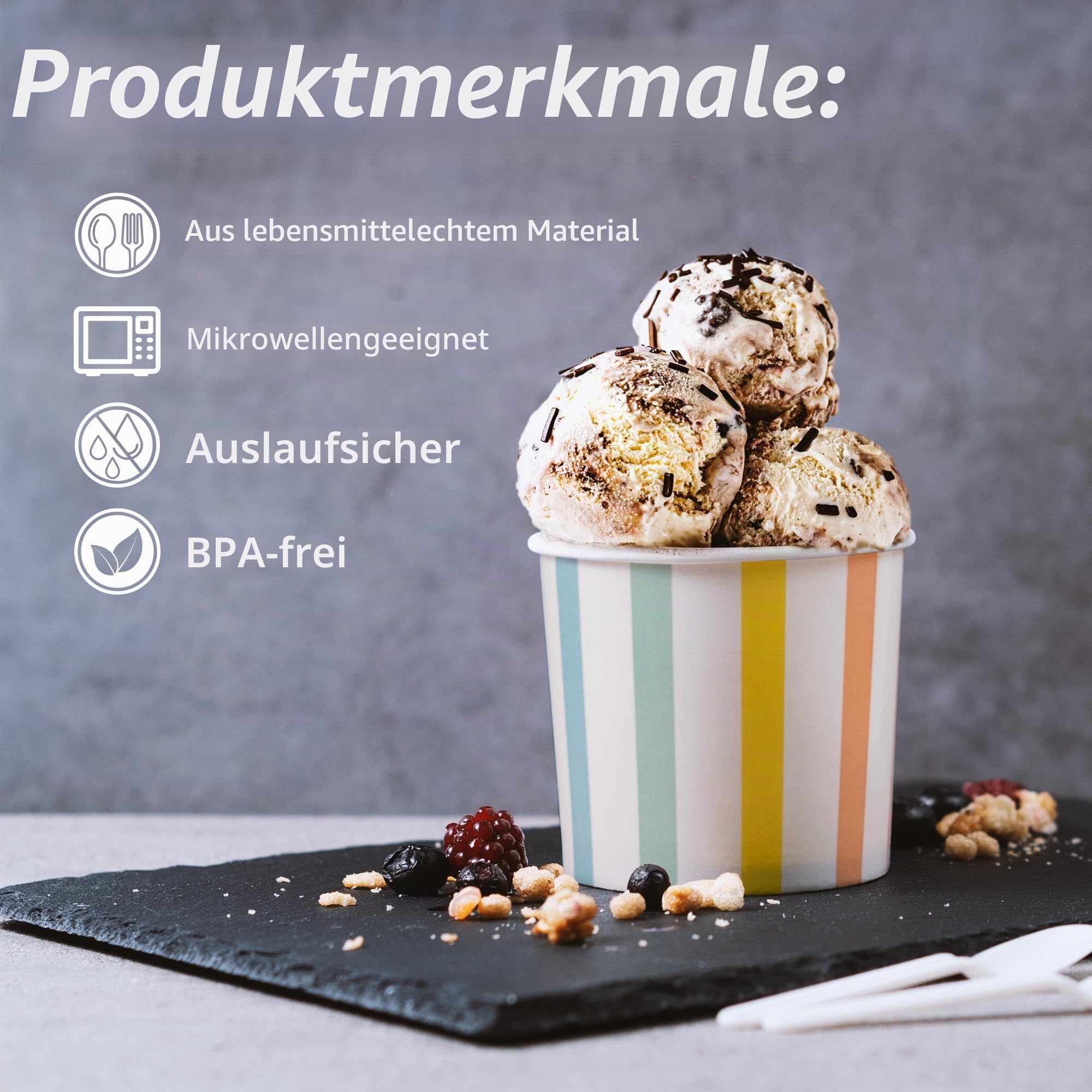 Papp-Eisbecher, 50 Stück, ca. 325 ml Einweg-Dessertschalen für heiße oder kalte Speisen, Partybecher für Eis, Frozen Yogurt, Suppe, Pastellstreifen