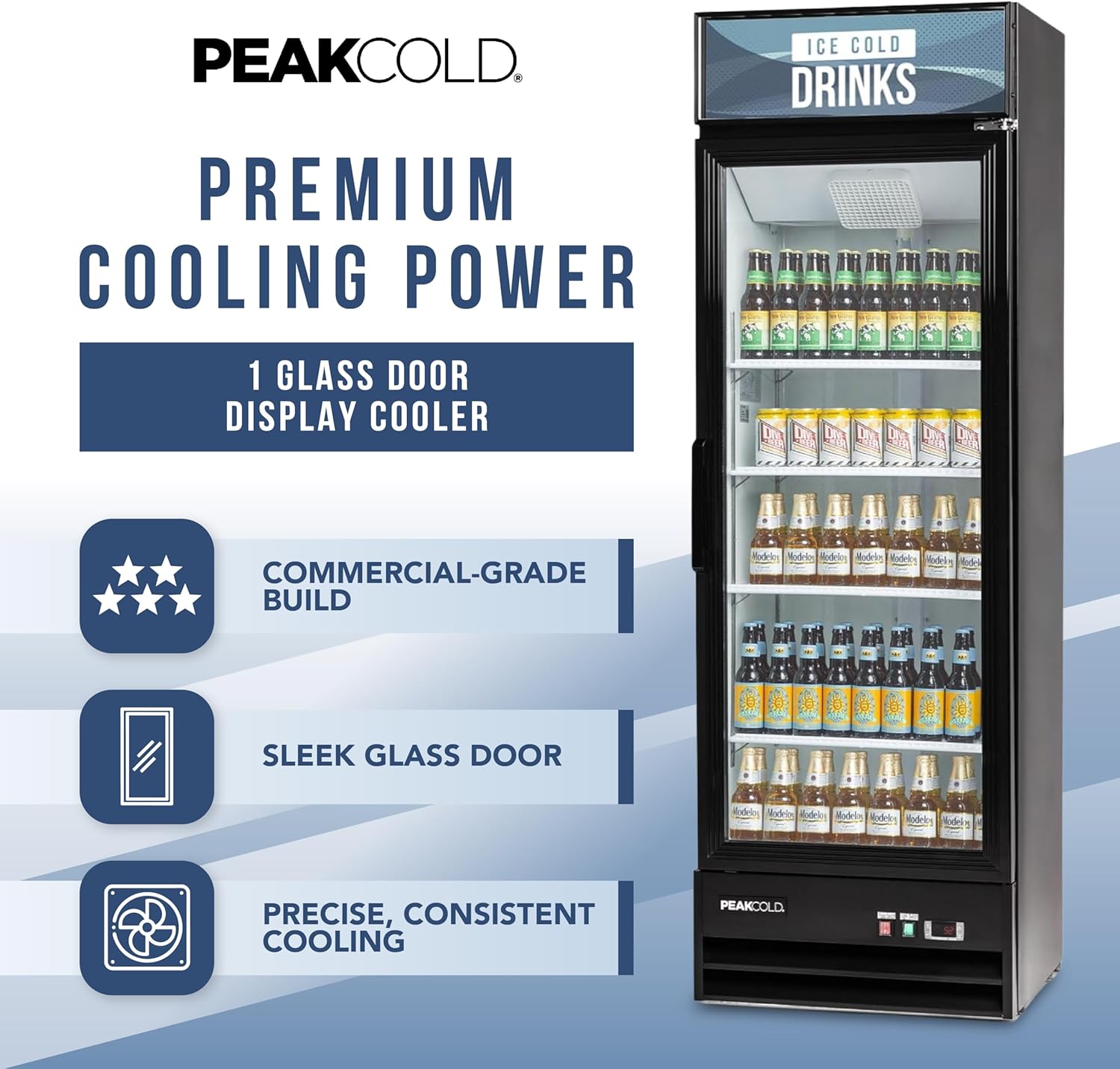PEAKCOLD 1-Door Display Refrigerator - 14 Cubic Ft, Energy Efficient, Black Merchandiser Refrigerator With Glass Door, White Interior & LED Lighting - Commercial Display Cooler