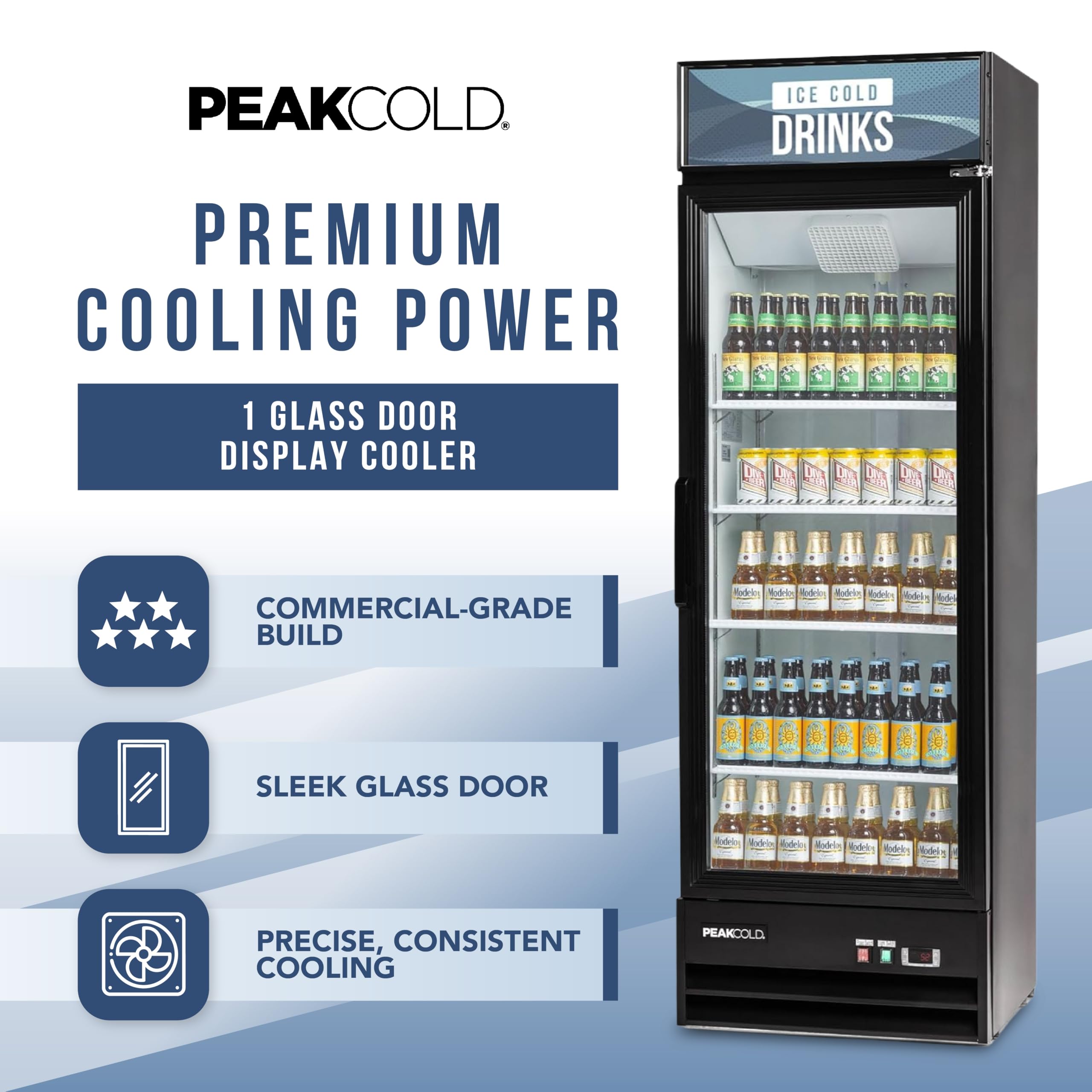 Peakcold 1-Door Display Refrigerator - 14 Cubic Ft, Energy Efficient, Black Merchandiser Refrigerator With Glass Door, White Interior & LED Lighting - Commercial Display Cooler on Fridge.com - View 2